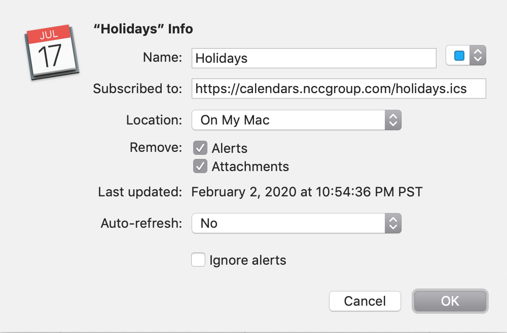 Calendar subscription window showing the default settings remove alerts and attachments