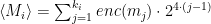 \langle M_i \rangle = \sum_{j=1}^{k_i} enc(m_j) \cdot 2^{4 \cdot (j-1)}