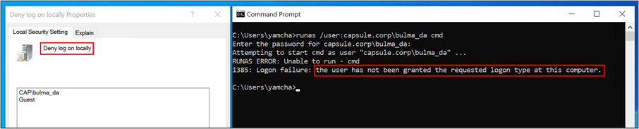 Figure 5 - runas fails due to deny log on policy