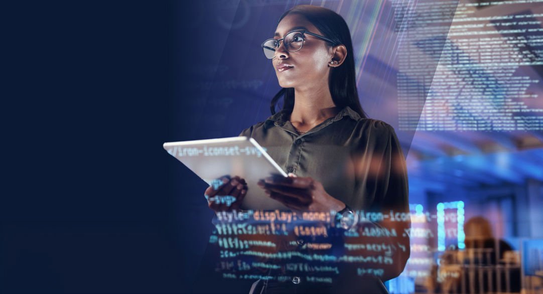 a woman holding a sleek tablet looks into the distance in front of an overlaid background with holographic code